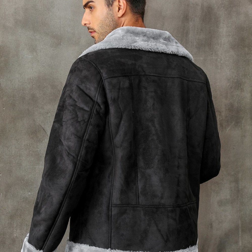 Black Casual Mens Zip Up Lapel Neck Teddy Lined Coat - Picture 2 of 8
